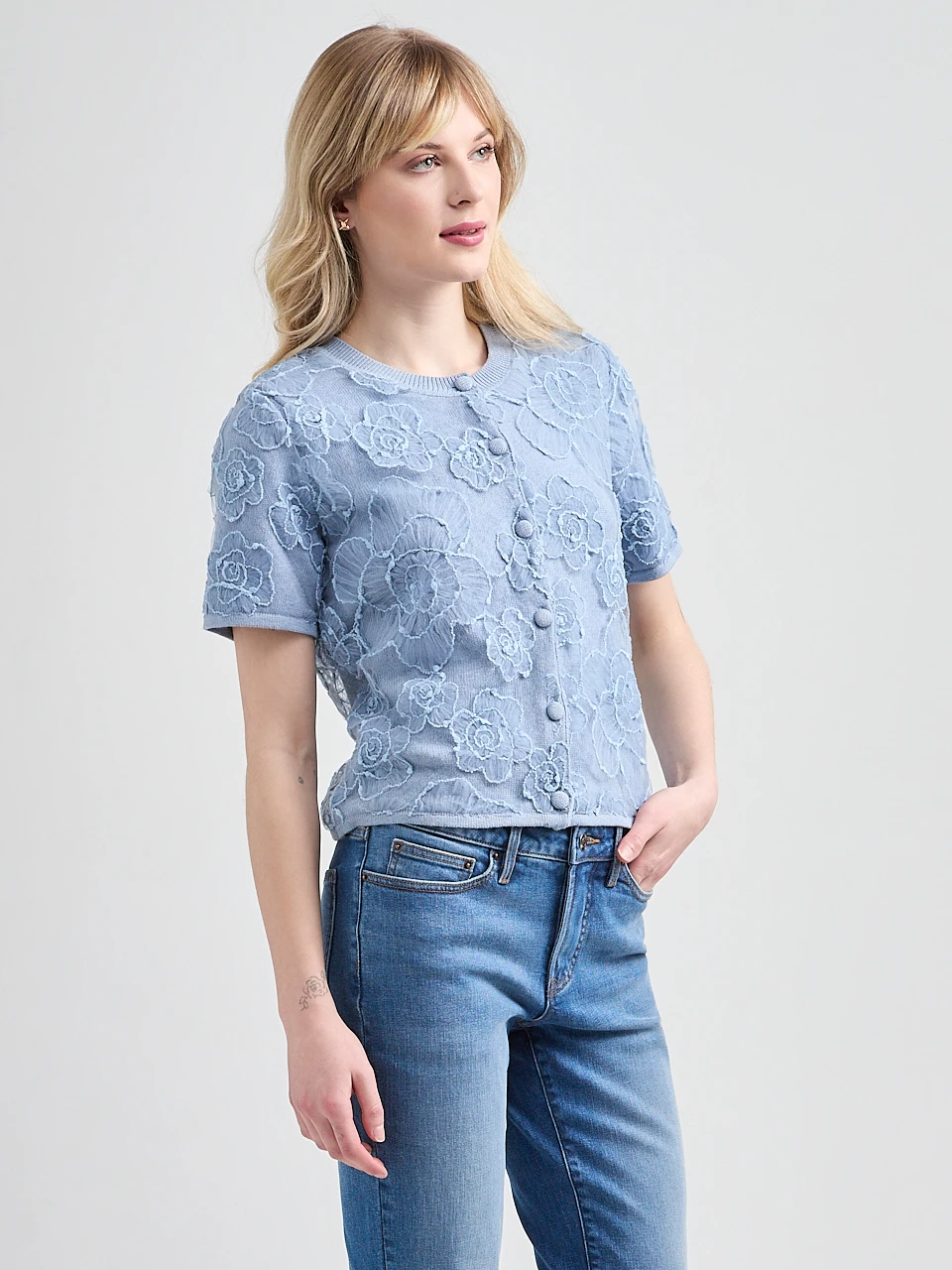 Short Sleeve Woven Overlay Cardigan Sweater