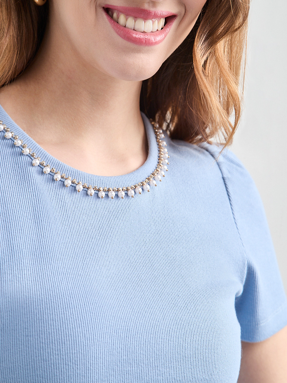 Short-Sleeved T-Shirt with Pearl Detail