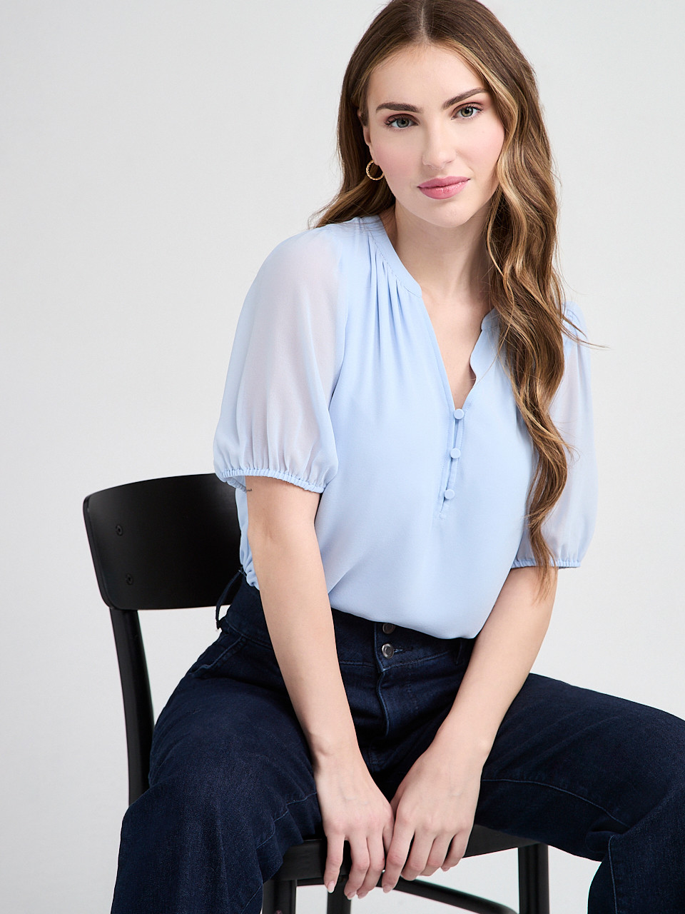 Stacey Short Sleeve Blouse with Button Detail Blue