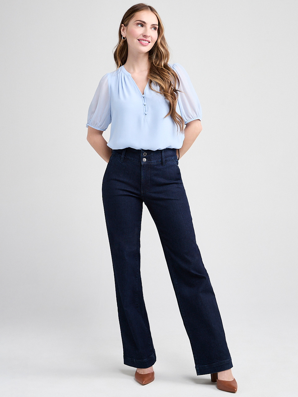 Stacey Short Sleeve Blouse with Button Detail in Blue