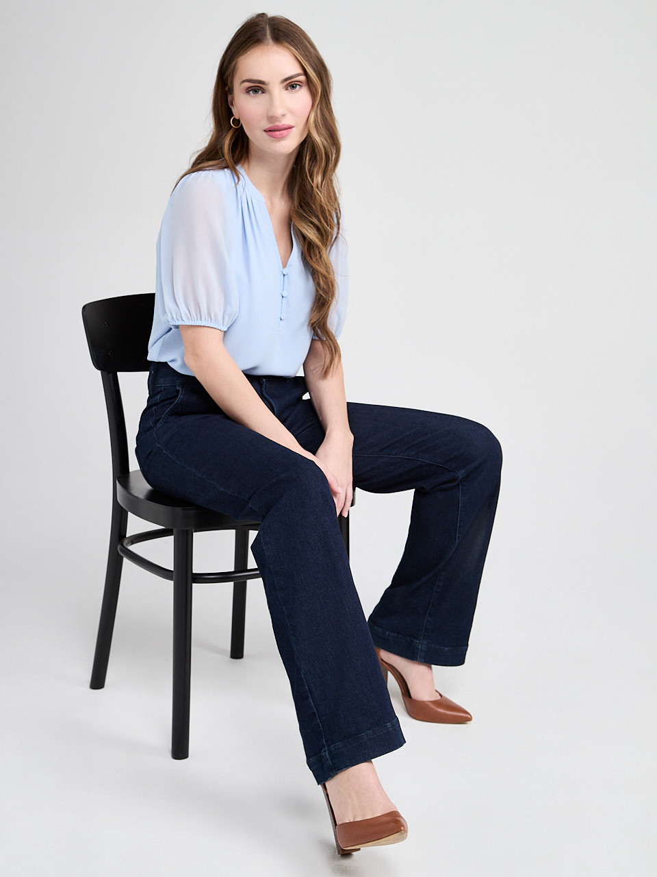 Stacey Short Sleeve Blouse with Button Detail in Blue