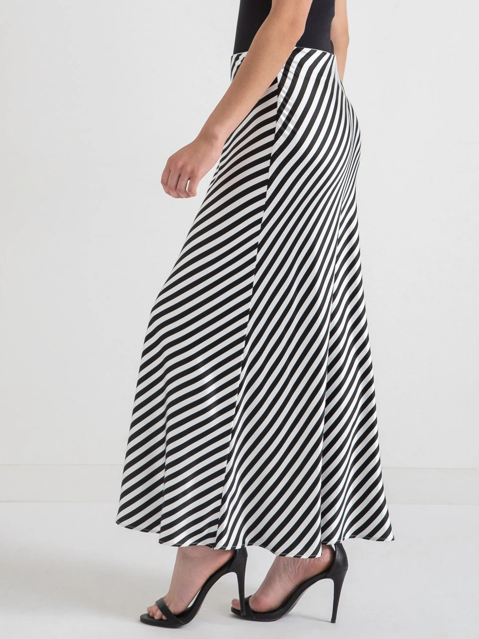 Maxi Satin Skirt in White/Black Stripe