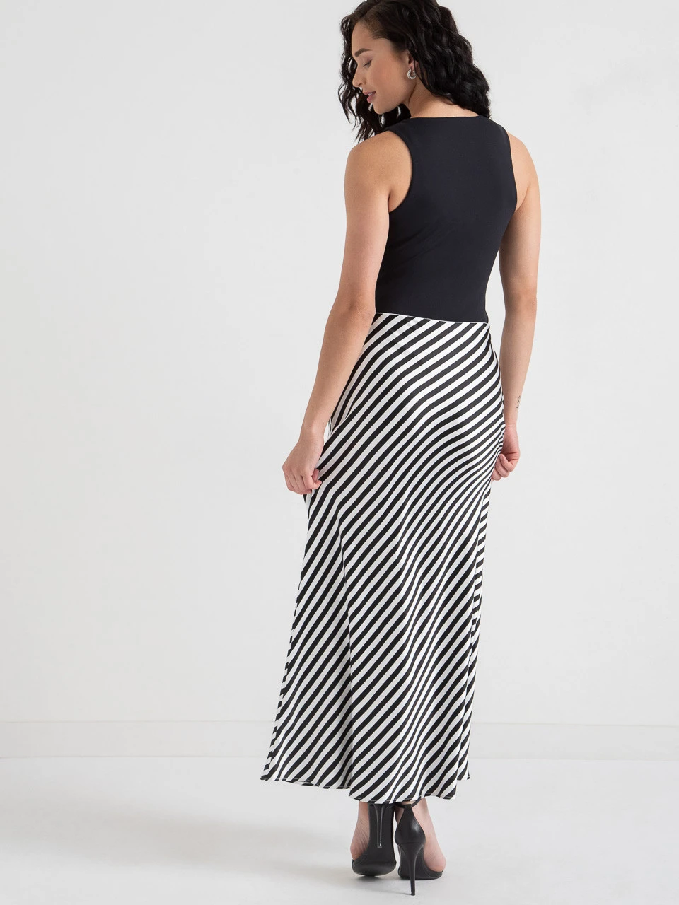 Maxi Satin Skirt in White/Black Stripe