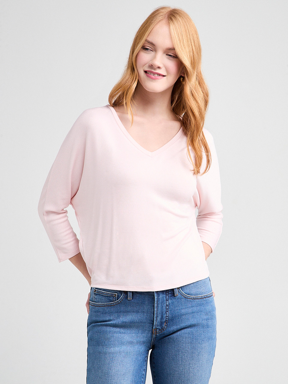 3/4 Sleeve V-Neck Hacci Top Petal