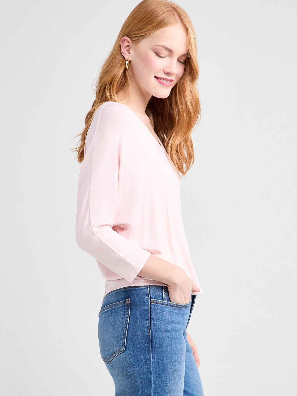 3/4 Sleeve V-Neck Hacci Top in Petal