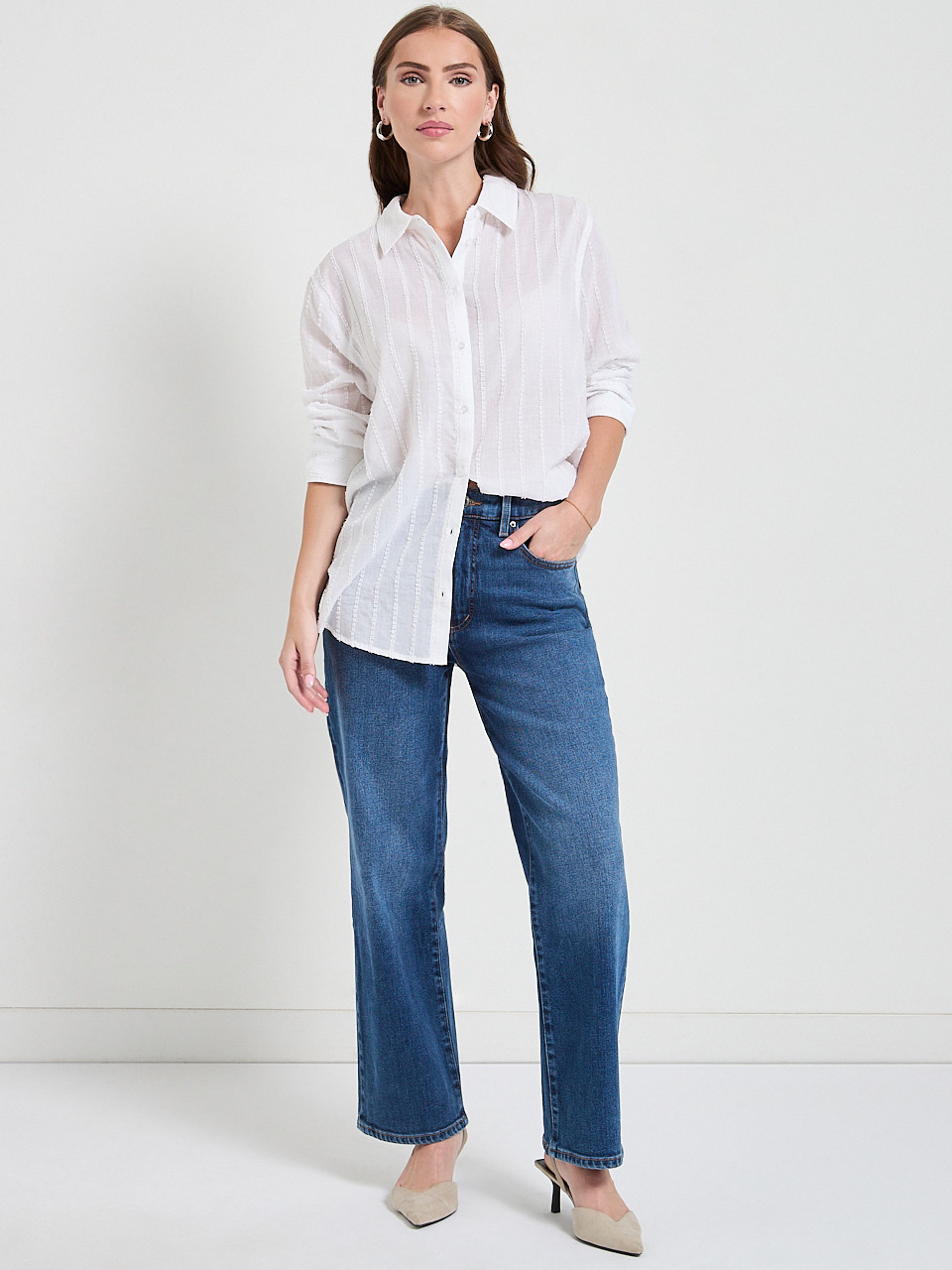 Long Sleeve Textured Woven Shirt in White