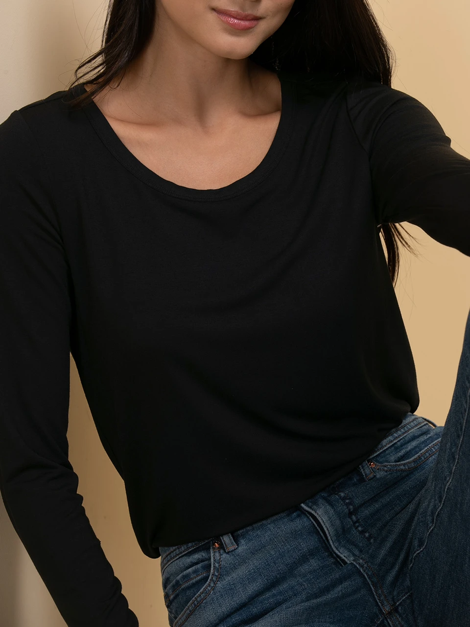 Modal Long Sleeve Scoop Neck Top in Black