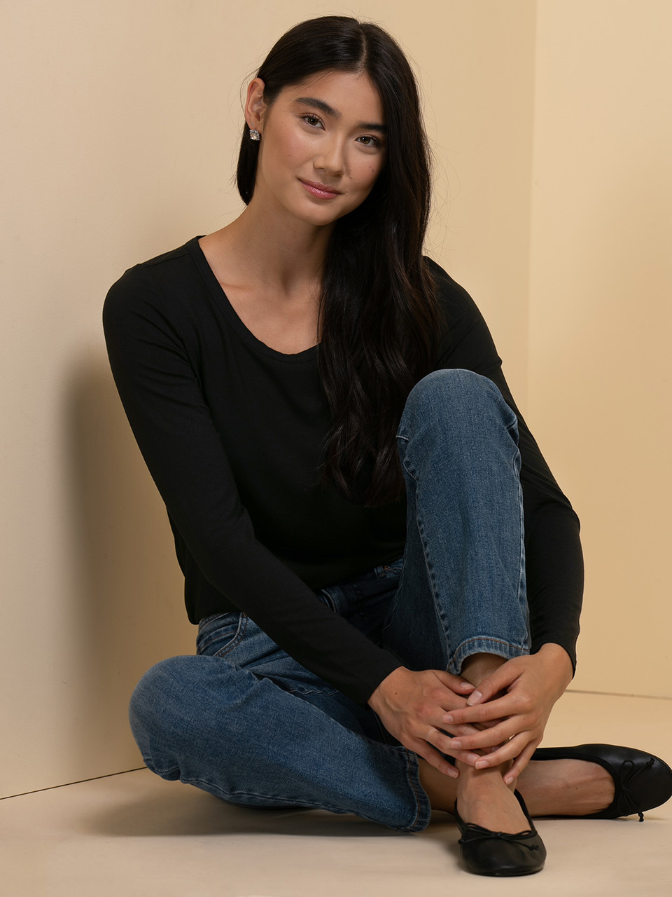 Modal Long Sleeve Scoop Neck Top in Black