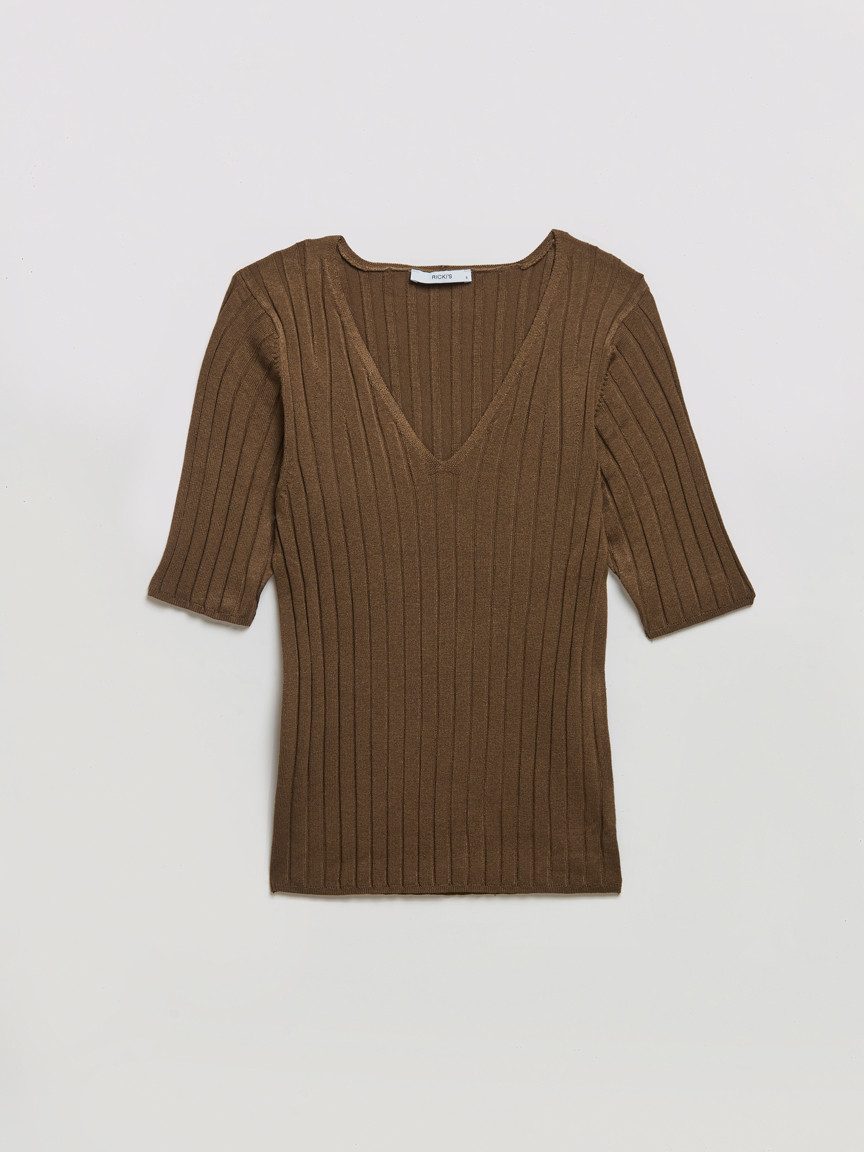 Elbow Sleeve V-Neck Sweater in Shitake