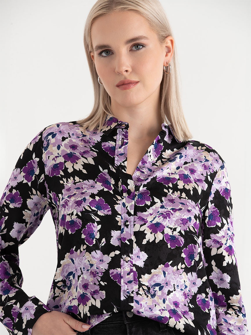 Long Sleeved Viscose Blouse Purple Floral