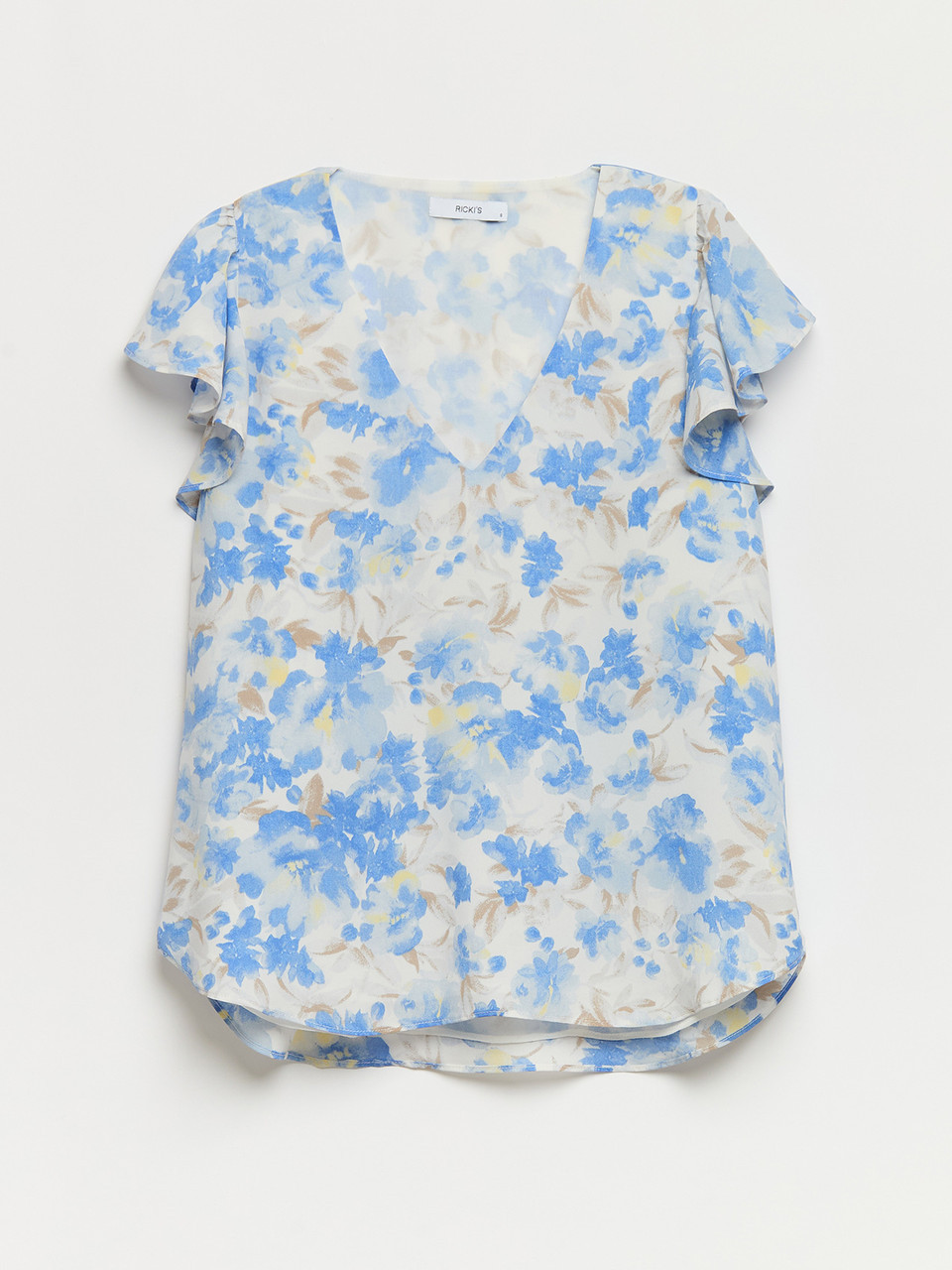 Blue Watercolour Flower Flutter Sleeve Blouse