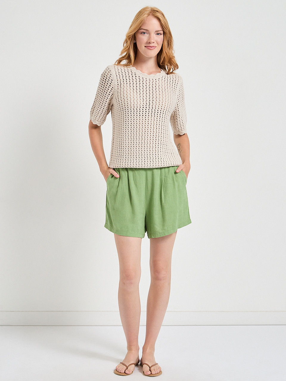 Jade Green Short Sleeve Cotton Stitch Pullover
