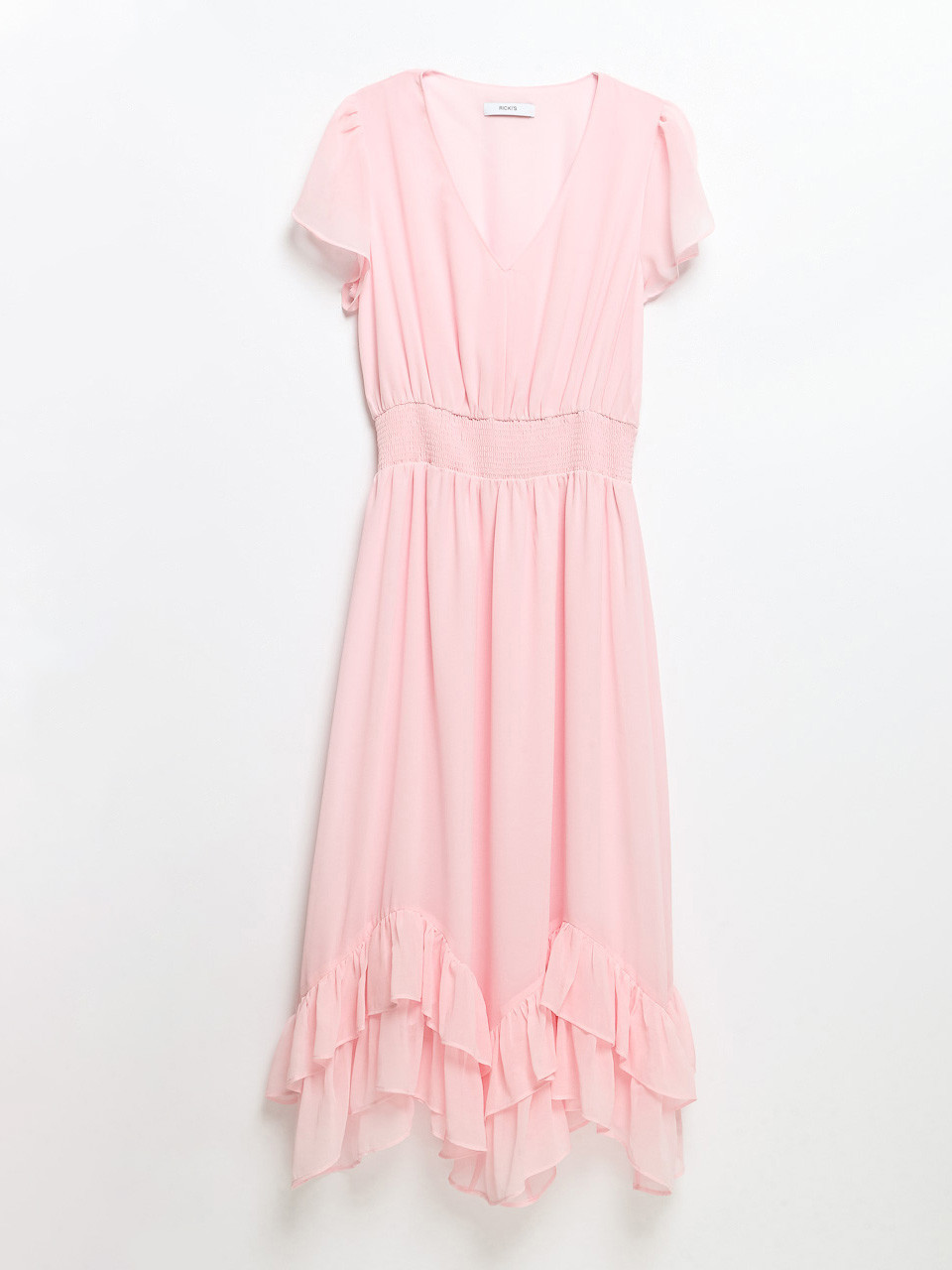 Pink A Boo Chiffon Handkerchief Hem Ruffle Dress