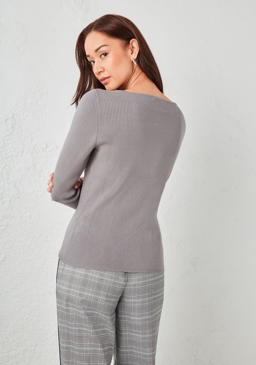 3/4 Sleeve Ribbed Boatneck Sweater Mid Grey
