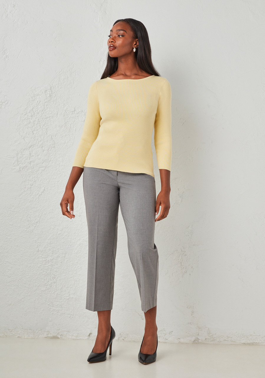 3/4 Sleeve Ribbed Boatneck Sweater Soft Yellow