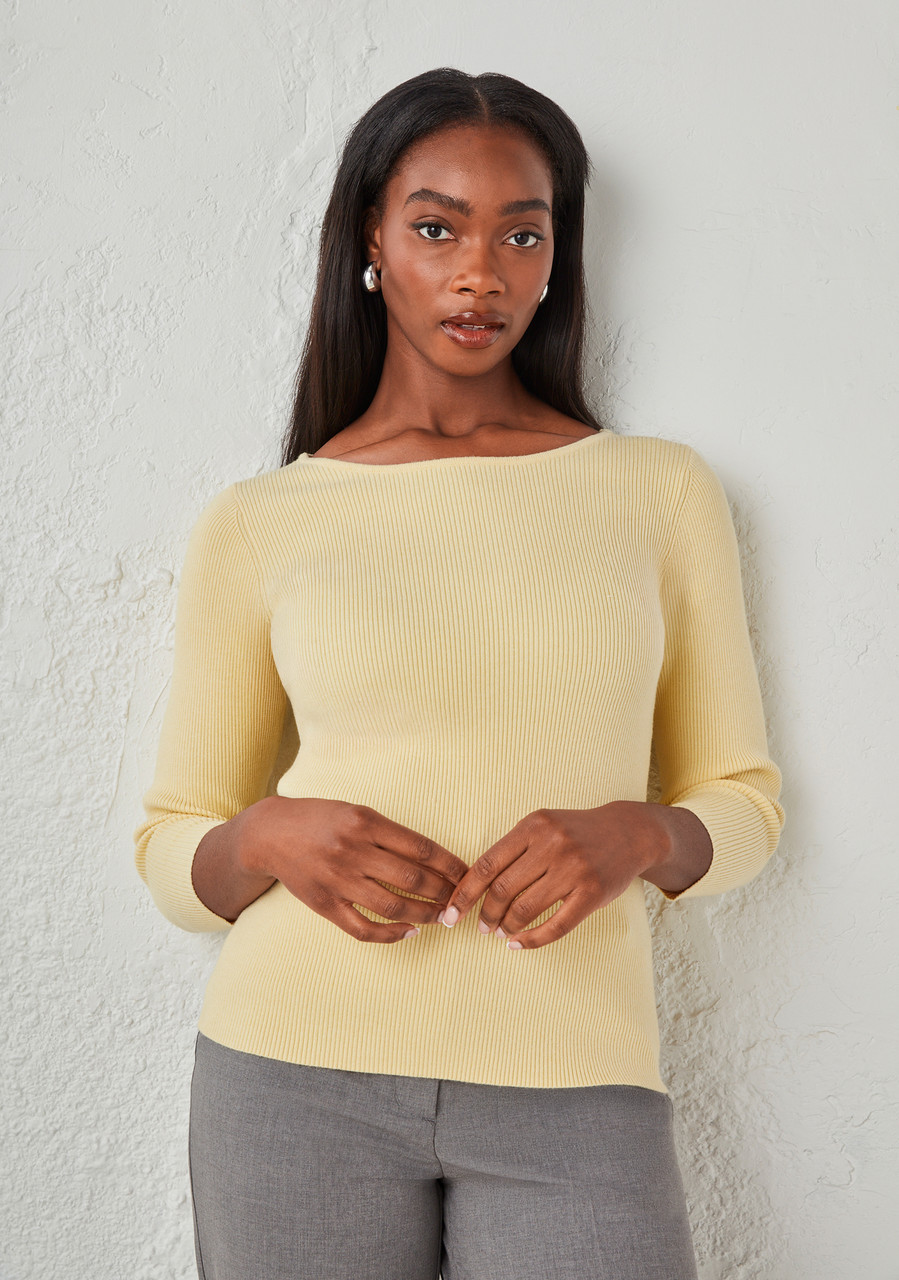 3/4 Sleeve Ribbed Boatneck Sweater Soft Yellow