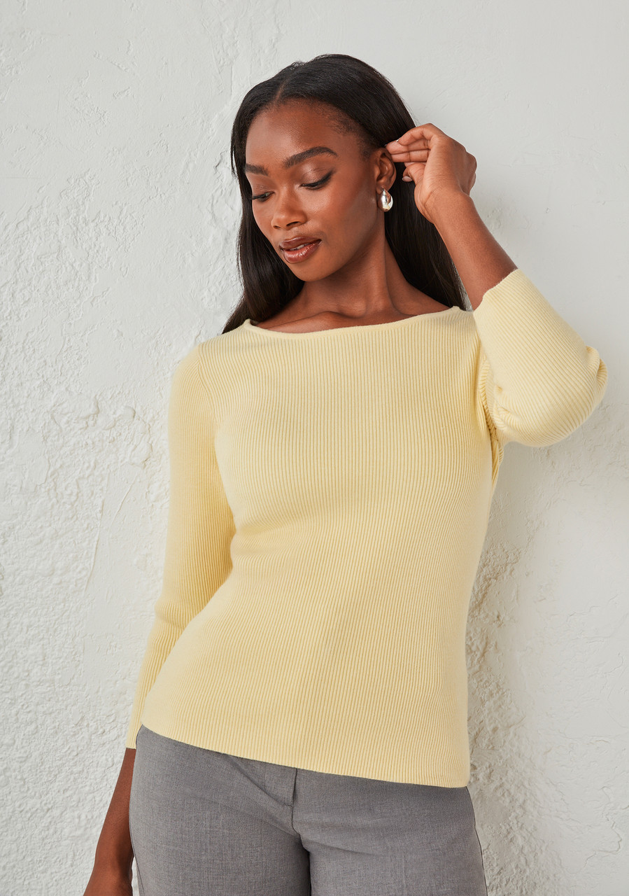 3/4 Sleeve Ribbed Boatneck Sweater Soft Yellow