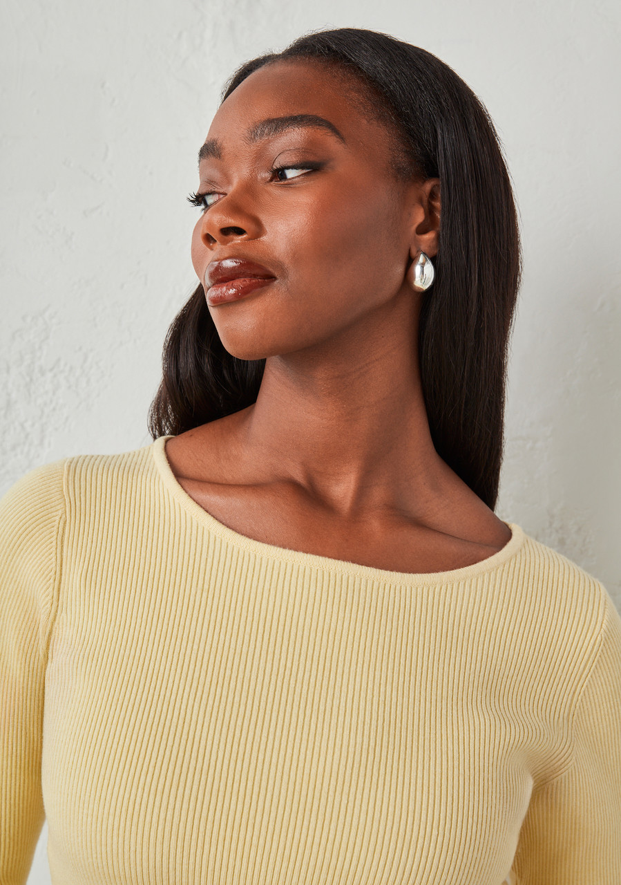 3/4 Sleeve Ribbed Boatneck Sweater Soft Yellow
