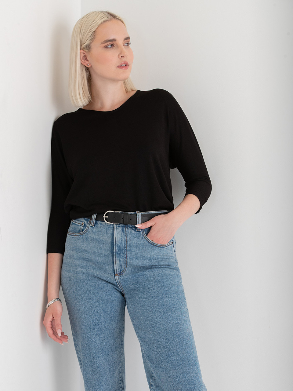 Black Easy V-Neck Hacci Knit Top