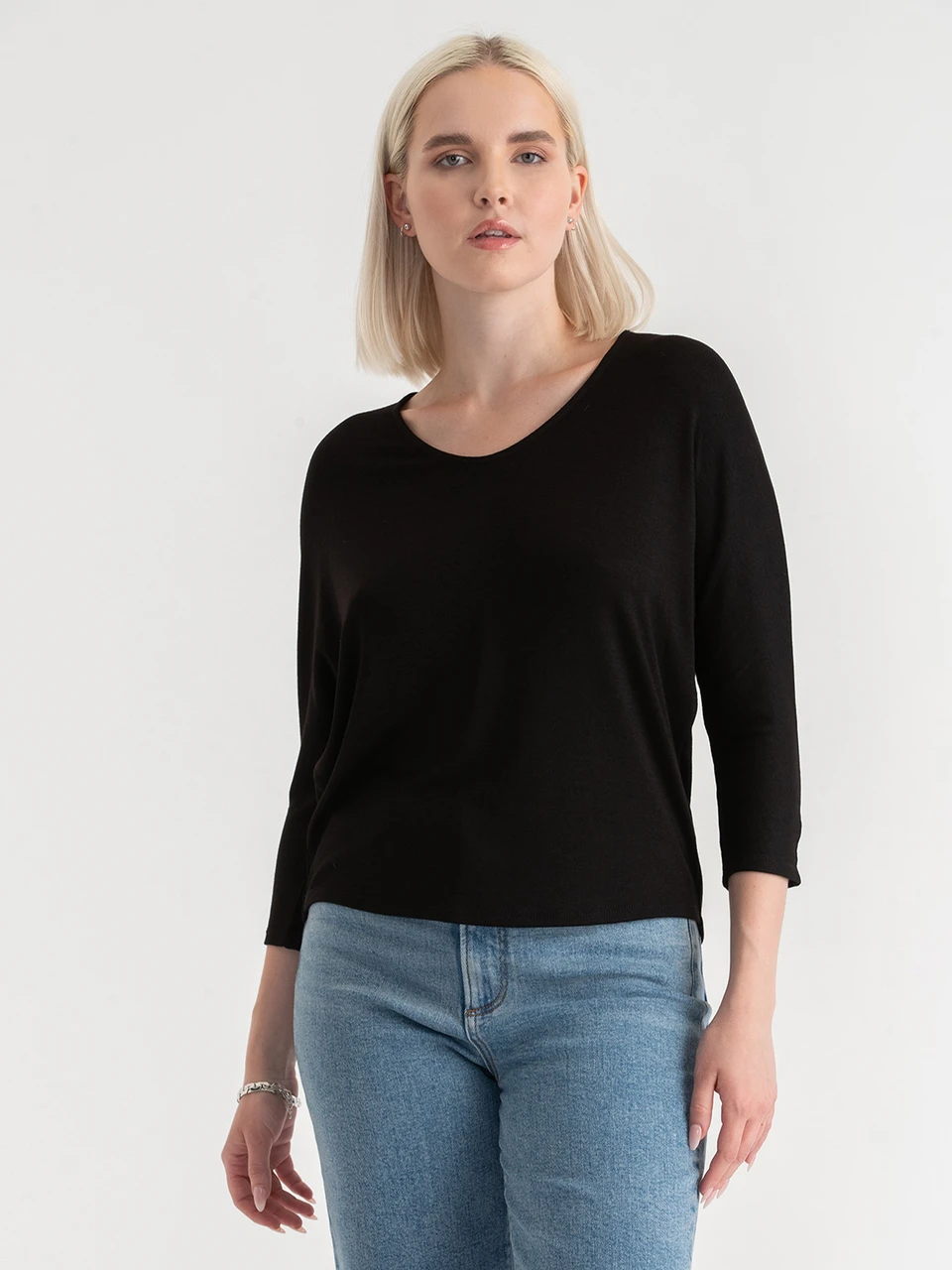 Black Easy V-Neck Hacci Knit Top