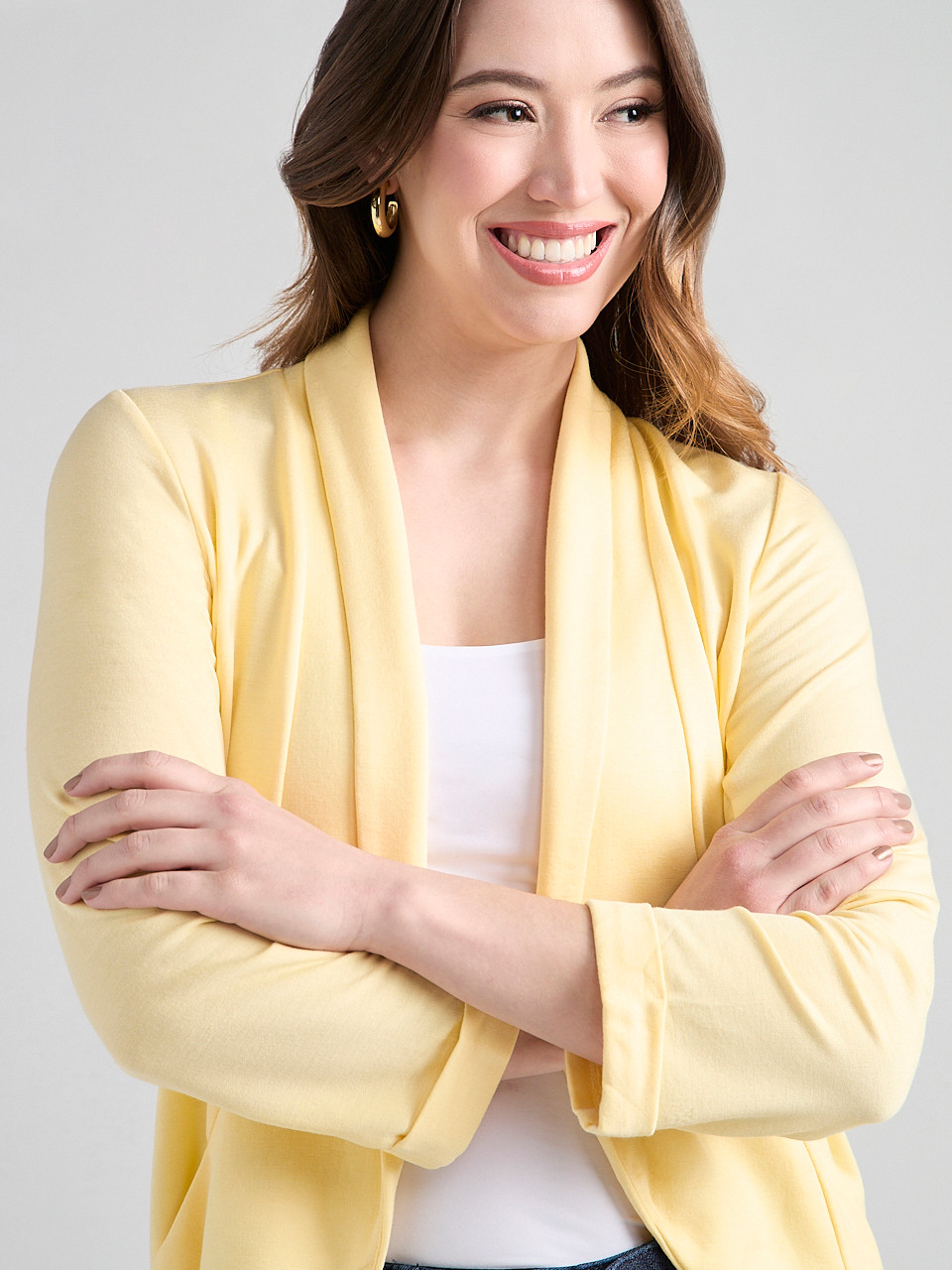 3/4 Sleeve Terry Shawl Collar Cardigan in Banana