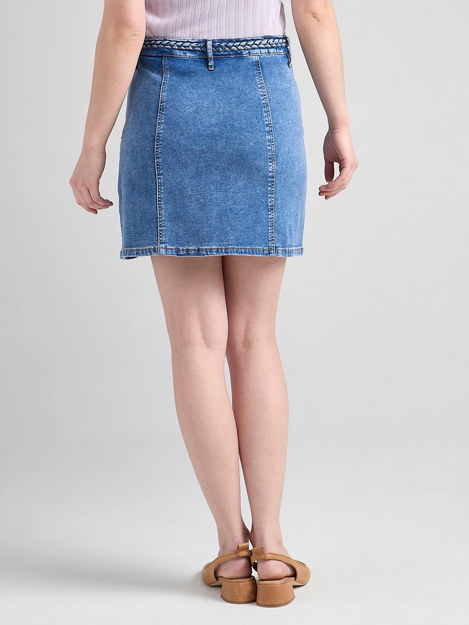 Braided Waistband Mini Skirt in Mid Wash
