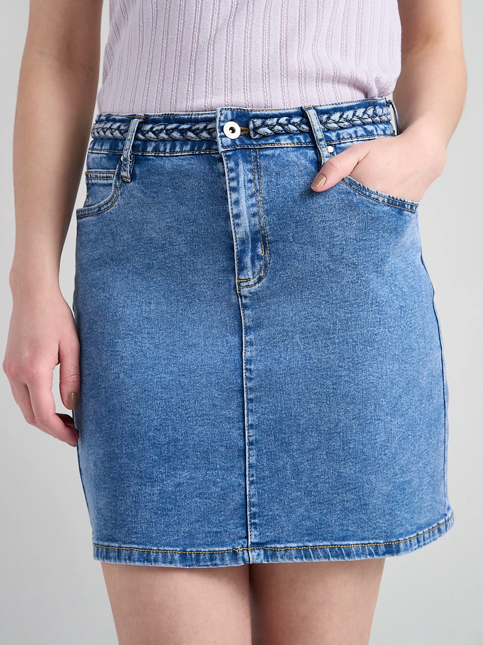 Braided Waistband Mini Skirt in Mid Wash