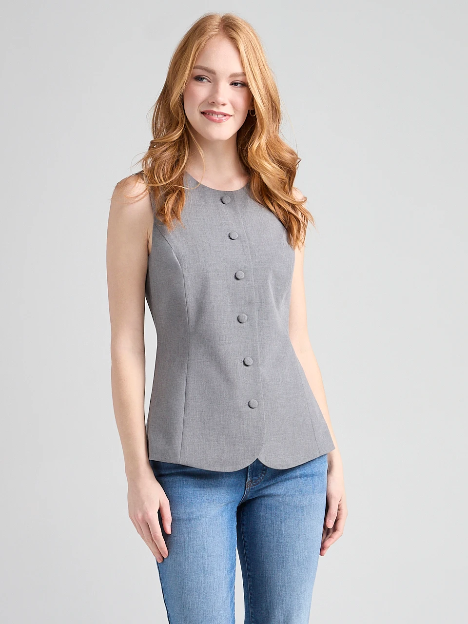 Crew Neck Button Front Vest in Grey Crosshatch