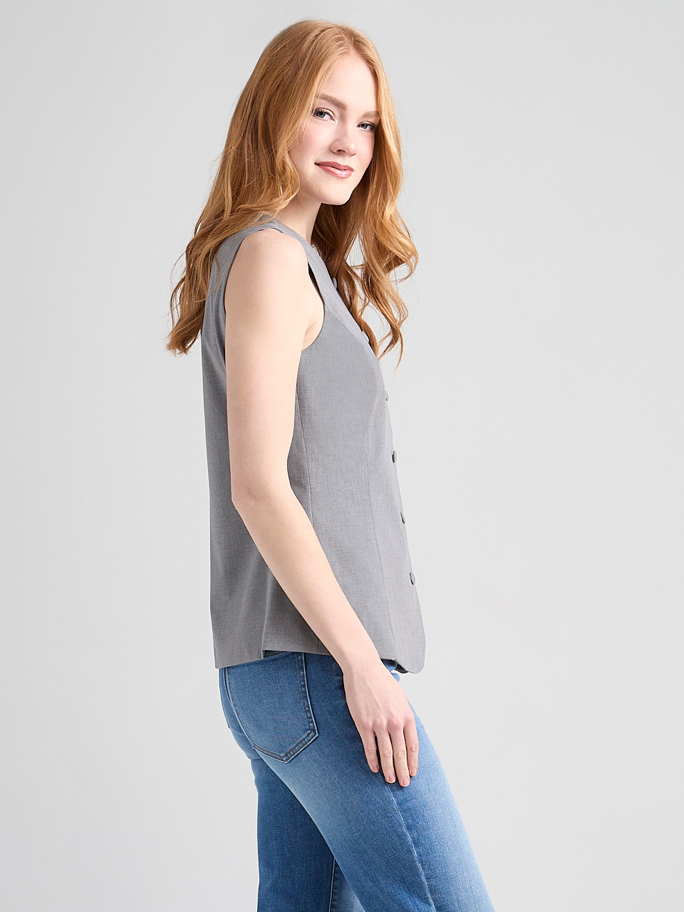 Crew Neck Button Front Vest Grey Crosshatch