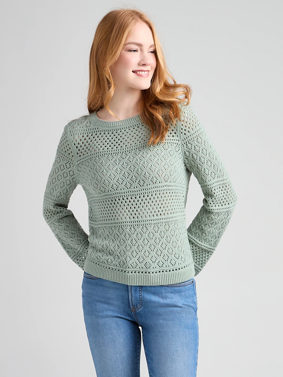 Crew Neck Pointelle Sweater in Green Mist