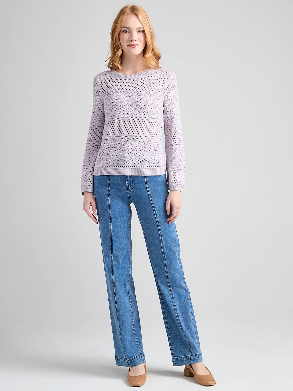 Crew Neck Pointelle Sweater Lilac