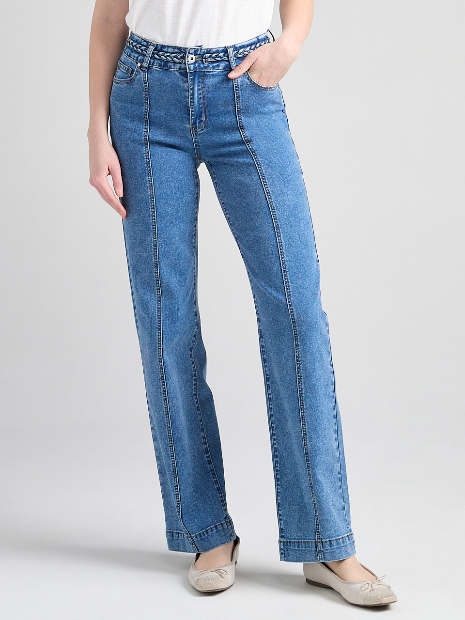 High Rise Braided Waistband Wide Leg Jean in Mid Wash | Ricki's