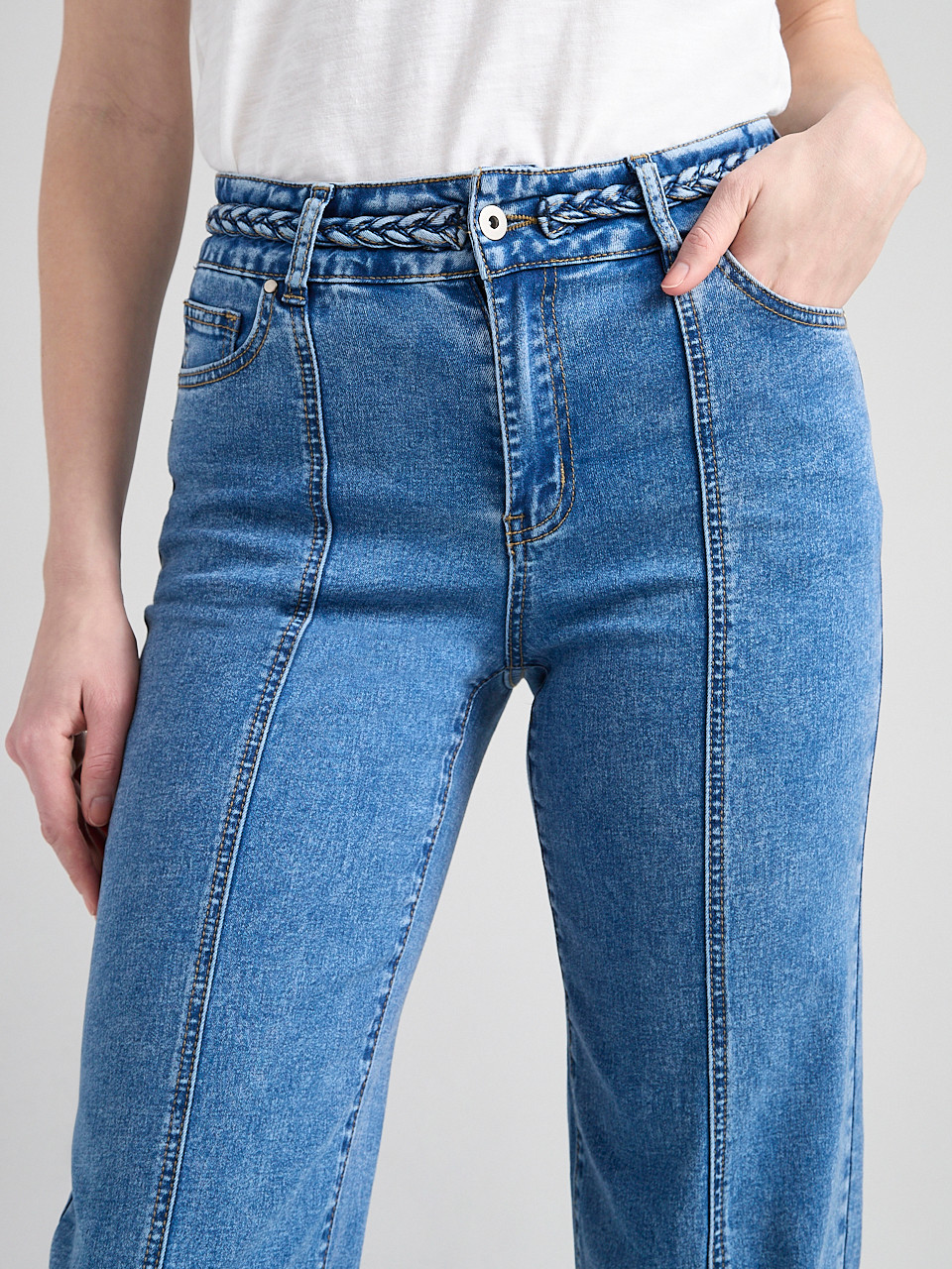High Rise Braided Waistband Wide Leg Jean in Mid Wash | Ricki's