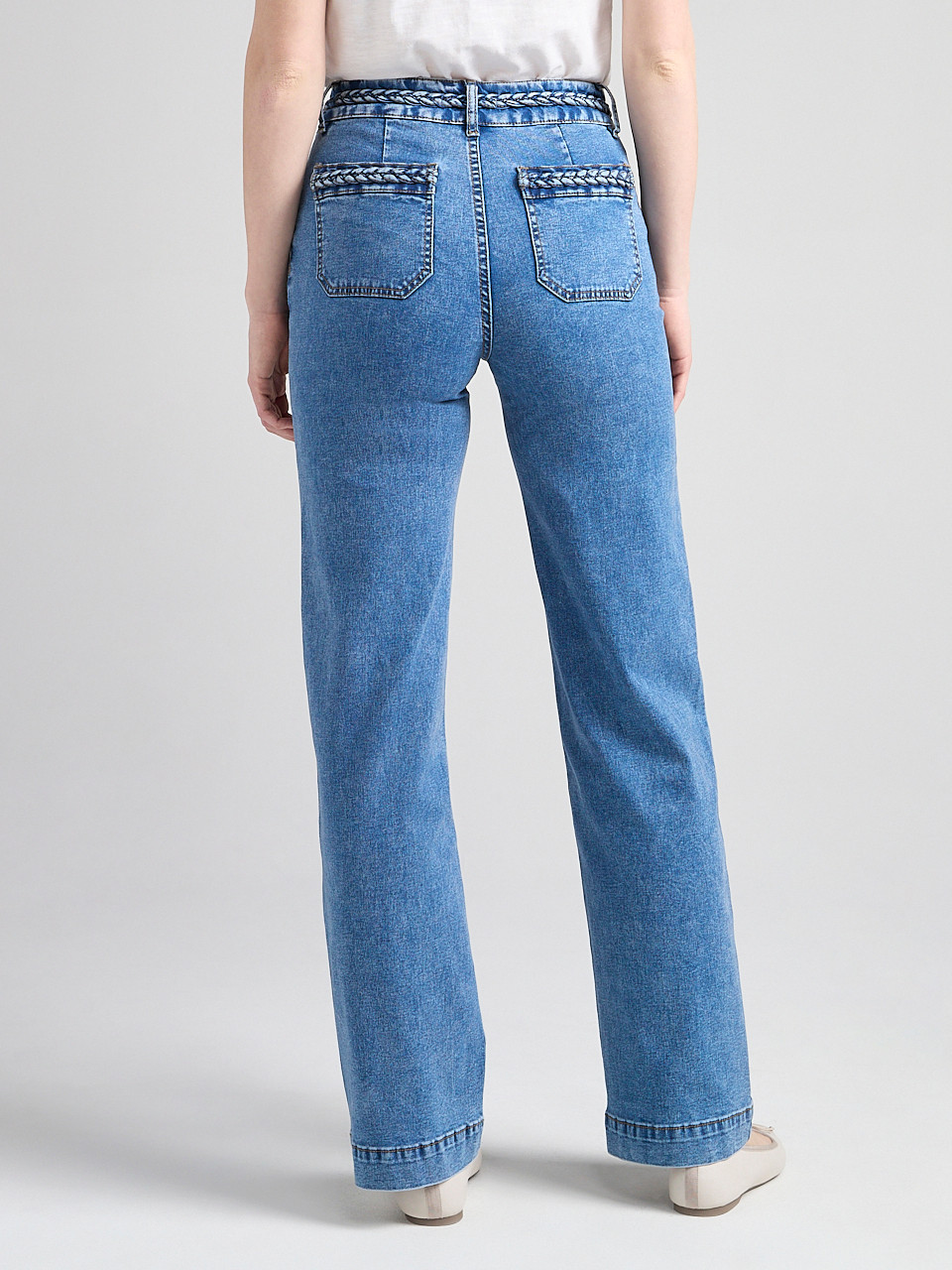 High Rise Braided Waistband Wide Leg Jean in Mid Wash | Ricki's