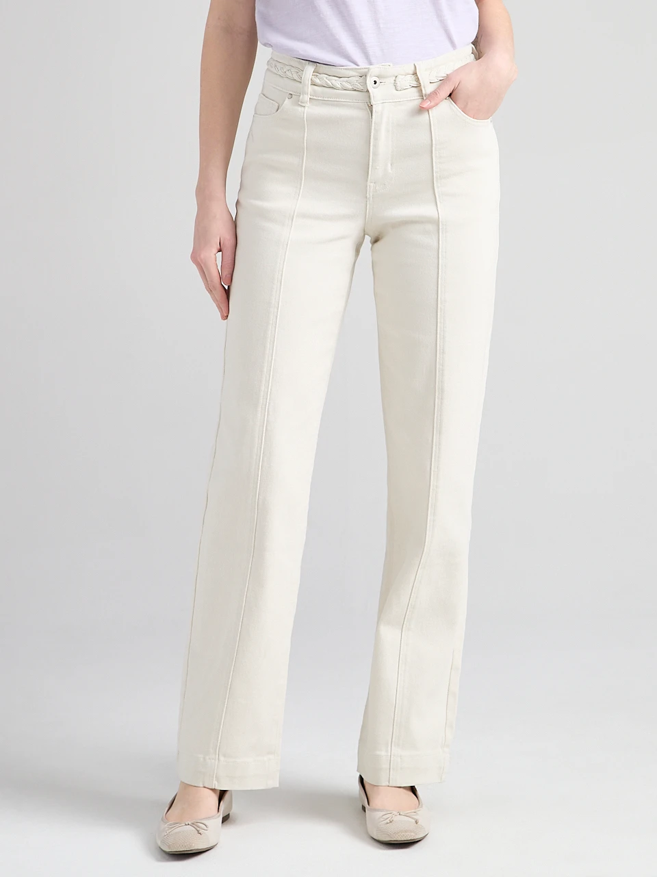 High Rise Braided Waistband Wide Leg Pant in Birch