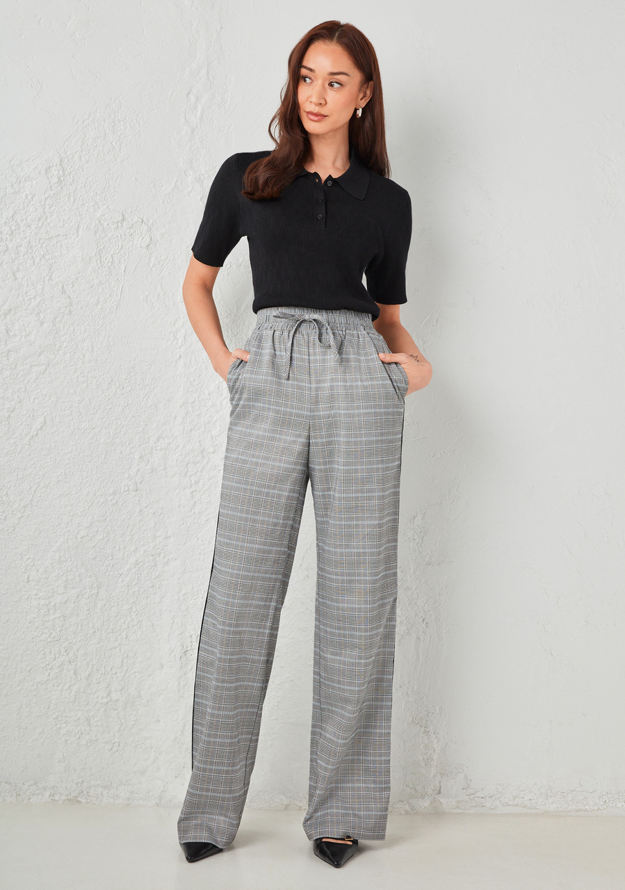 High Rise Pull On Plaid Pant Grey