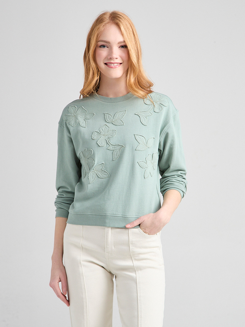 Long Sleeve Crew Neck with Applique in Green Mist