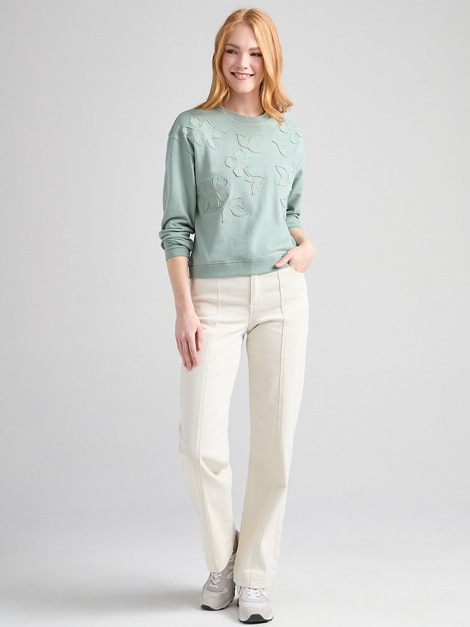 Long Sleeve Crew Neck with Applique in Green Mist