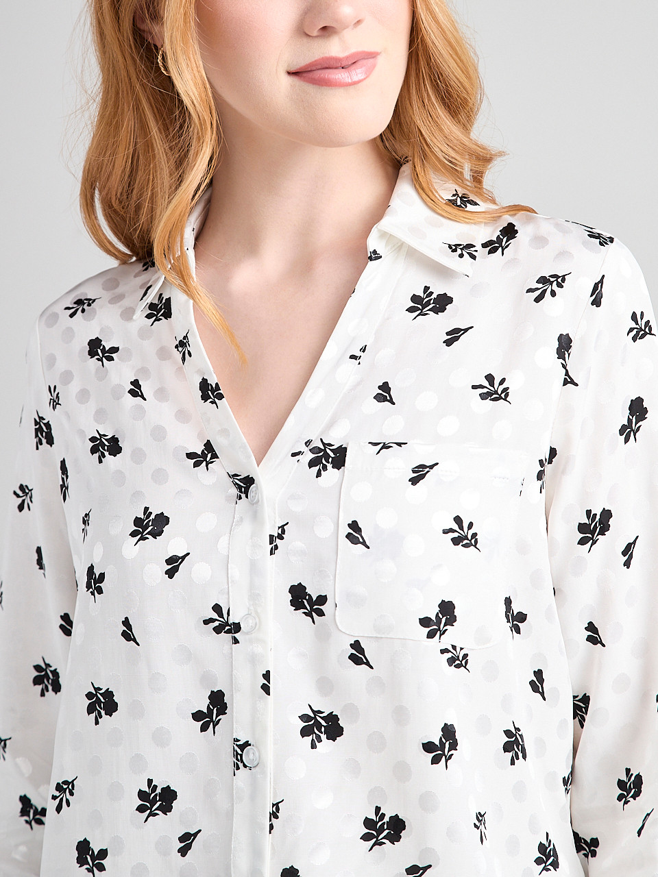 Long Sleeve Cropped Collared Blouse in Floral Dot