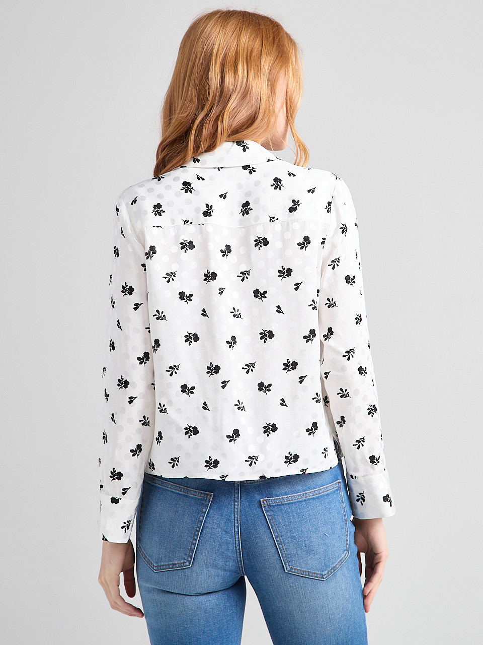 Long Sleeve Cropped Collared Blouse Floral Dot