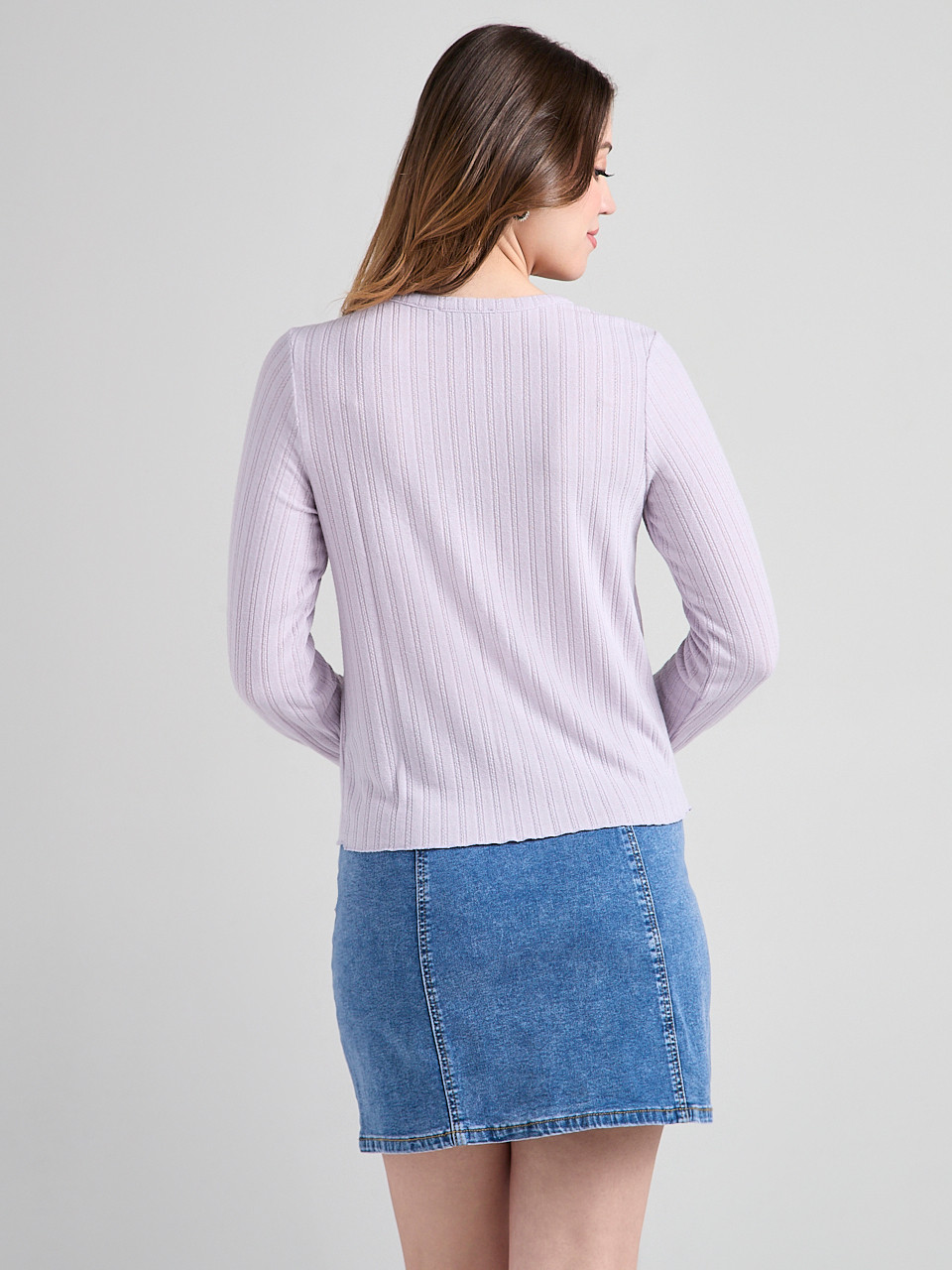 Long Sleeve Pointelle Cardigan in Lilac