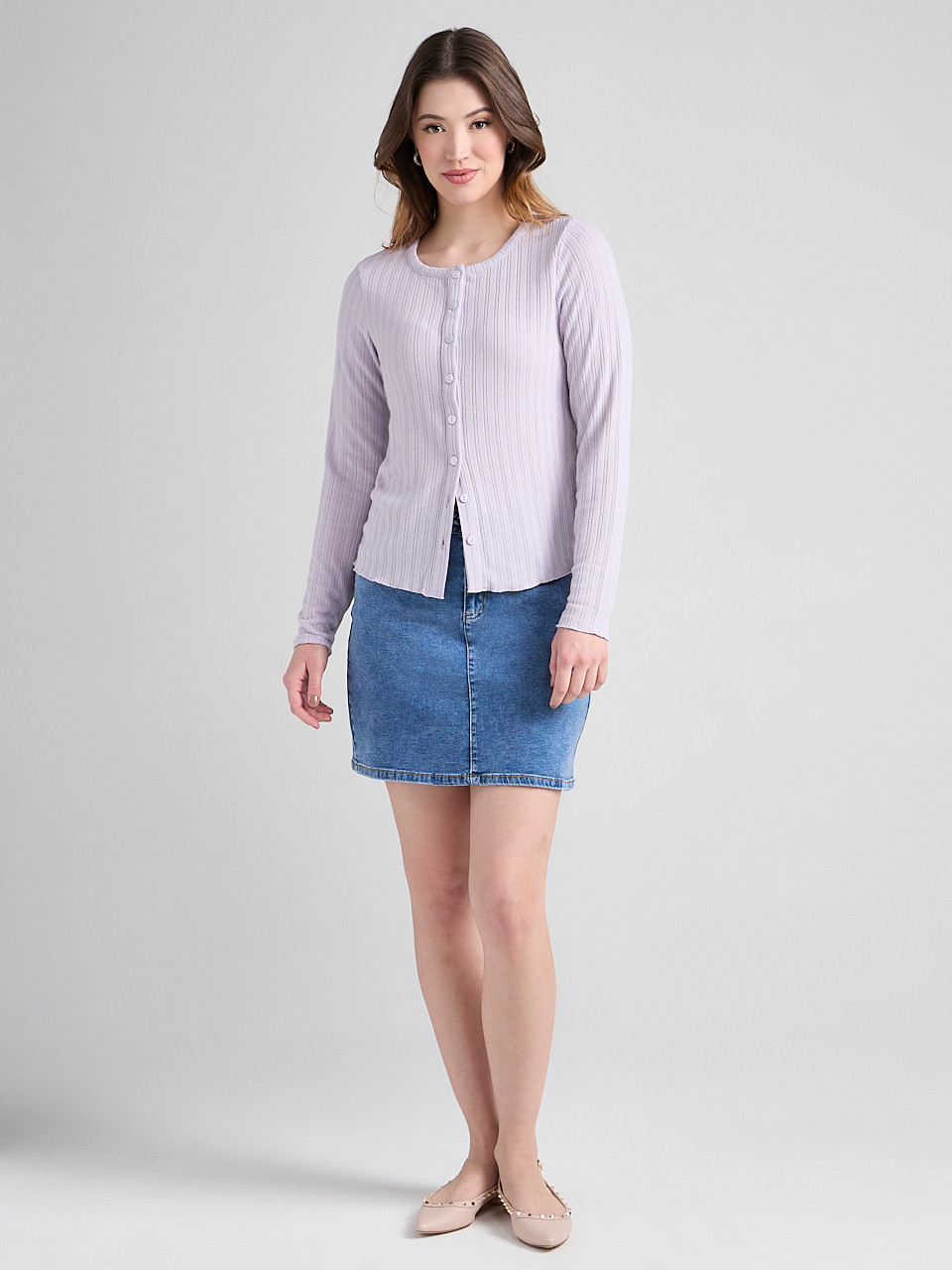 Long Sleeve Pointelle Cardigan in Lilac