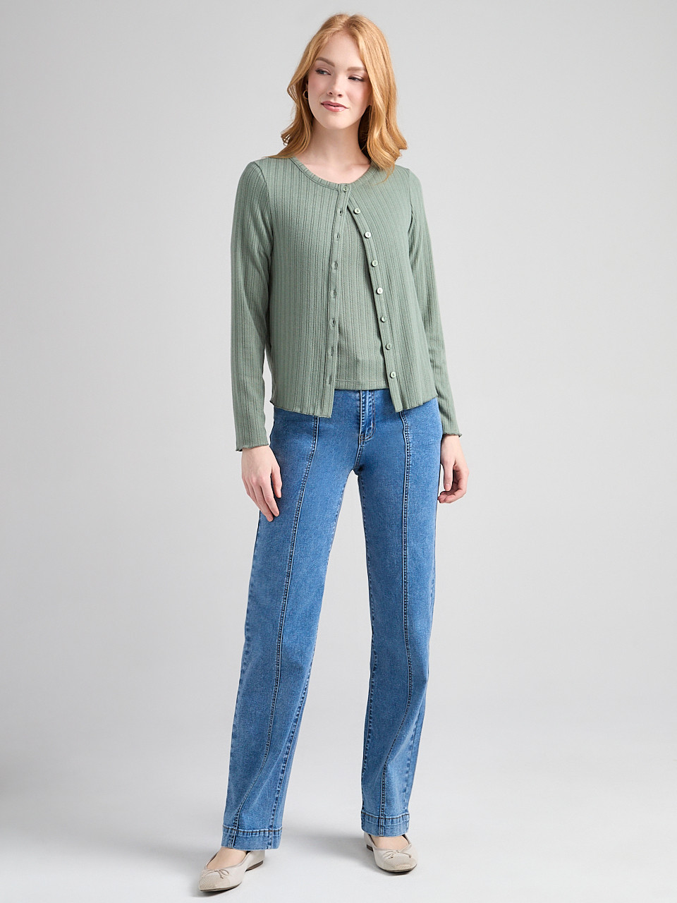 Long Sleeve Pointelle Cardigan in Sage