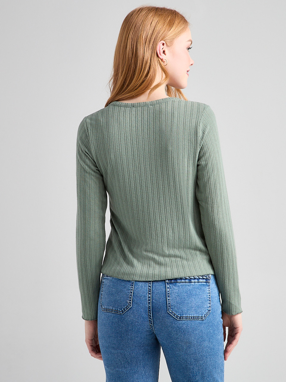 Long Sleeve Pointelle Cardigan in Sage