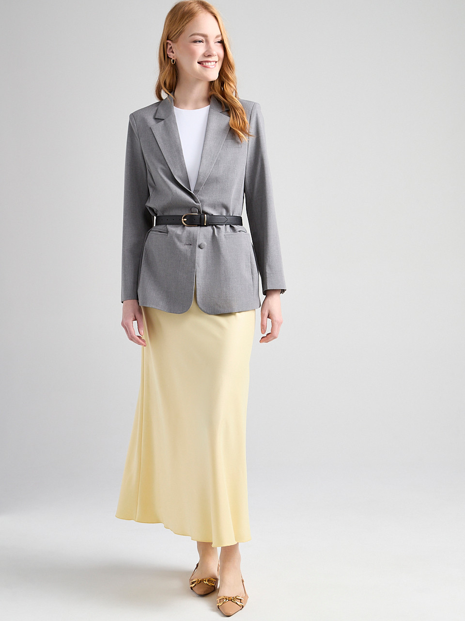 Satin Maxi Length Skirt in Soft Yellow