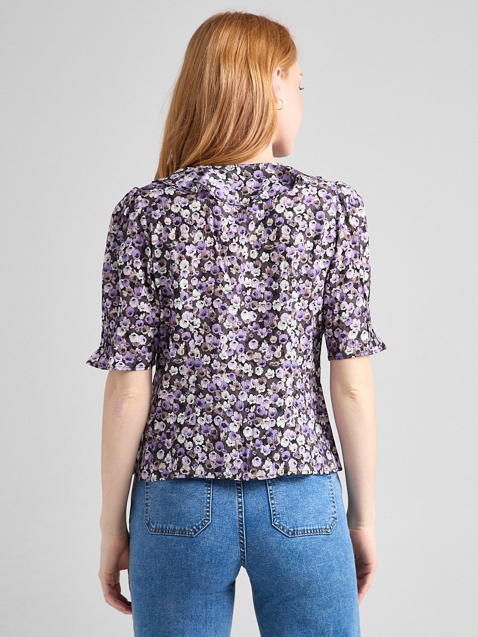 Short Puff Sleeve Ruffled Blouse in Purple Ditsy