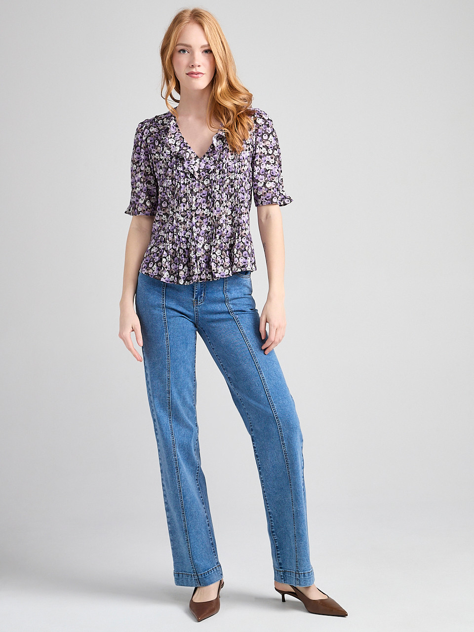 Short Puff Sleeve Ruffled Blouse in Purple Ditsy