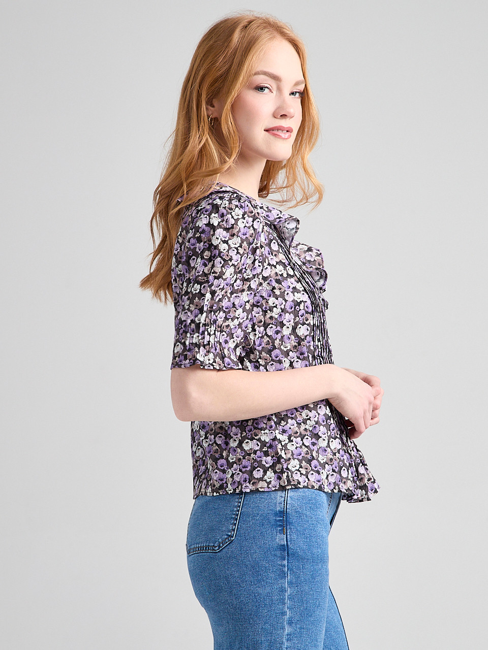Short Puff Sleeve Ruffled Blouse Purple Ditsy