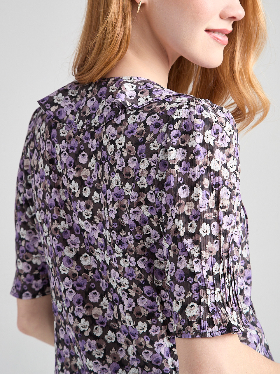 Short Puff Sleeve Ruffled Blouse in Purple Ditsy