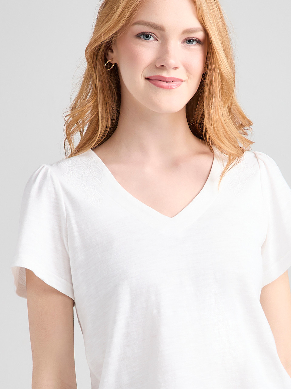 Short Sleeve V-Neck Embroidered Top in Ivory | Ricki's